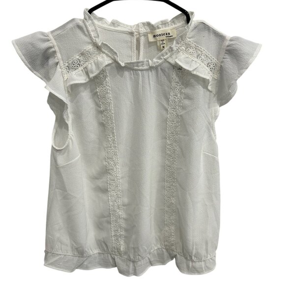 Monteau Los Angeles Womens White Medium Lace Trim Flutter Sleeve Top Sz Medium - Picture 1 of 9